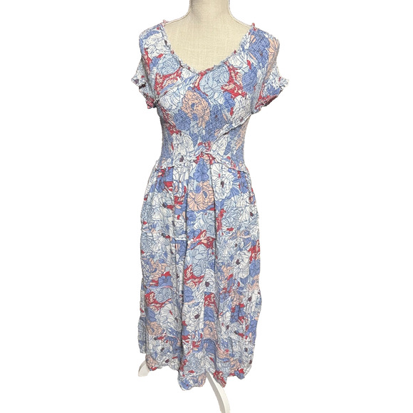 Jessica Simpson Dresses & Skirts - Jessica Simpson Blue Floral Midi Dress Smocked Tiered Boho sz L Fairy ruffles